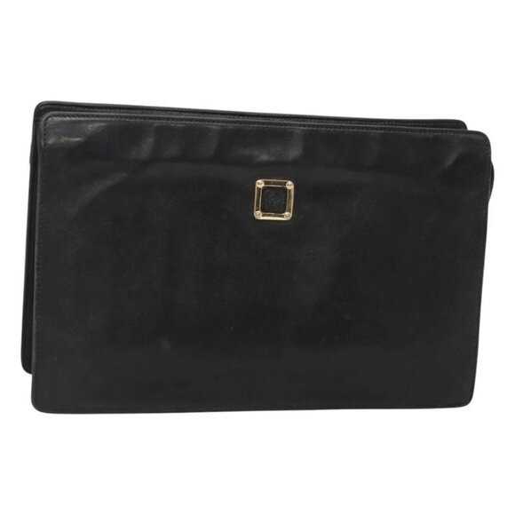 LOEWE Anagram Clutch Bag Leather Black Gold Auth - Picture 1 of 16